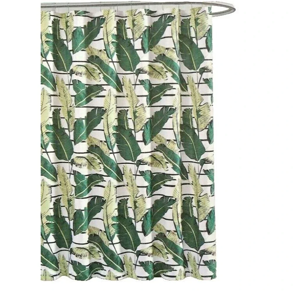 Palm Leaves Fabric Shower Curtain Beach House Green White Tropical 70x72
